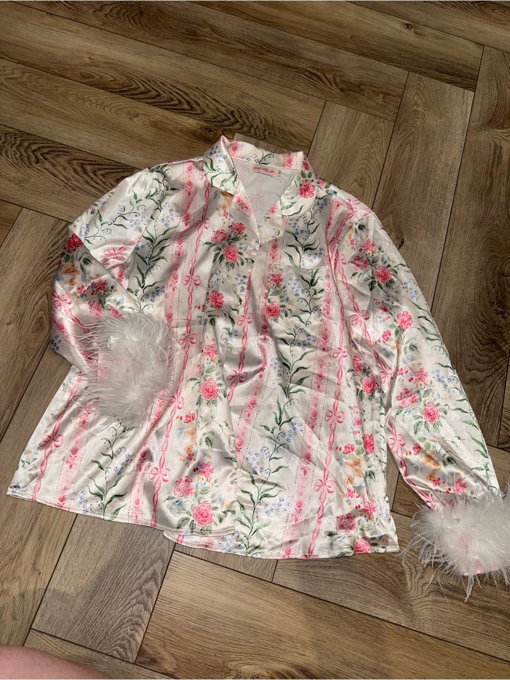 Ivy City Co Floral Satin Pajama Top with Feather Cuffs